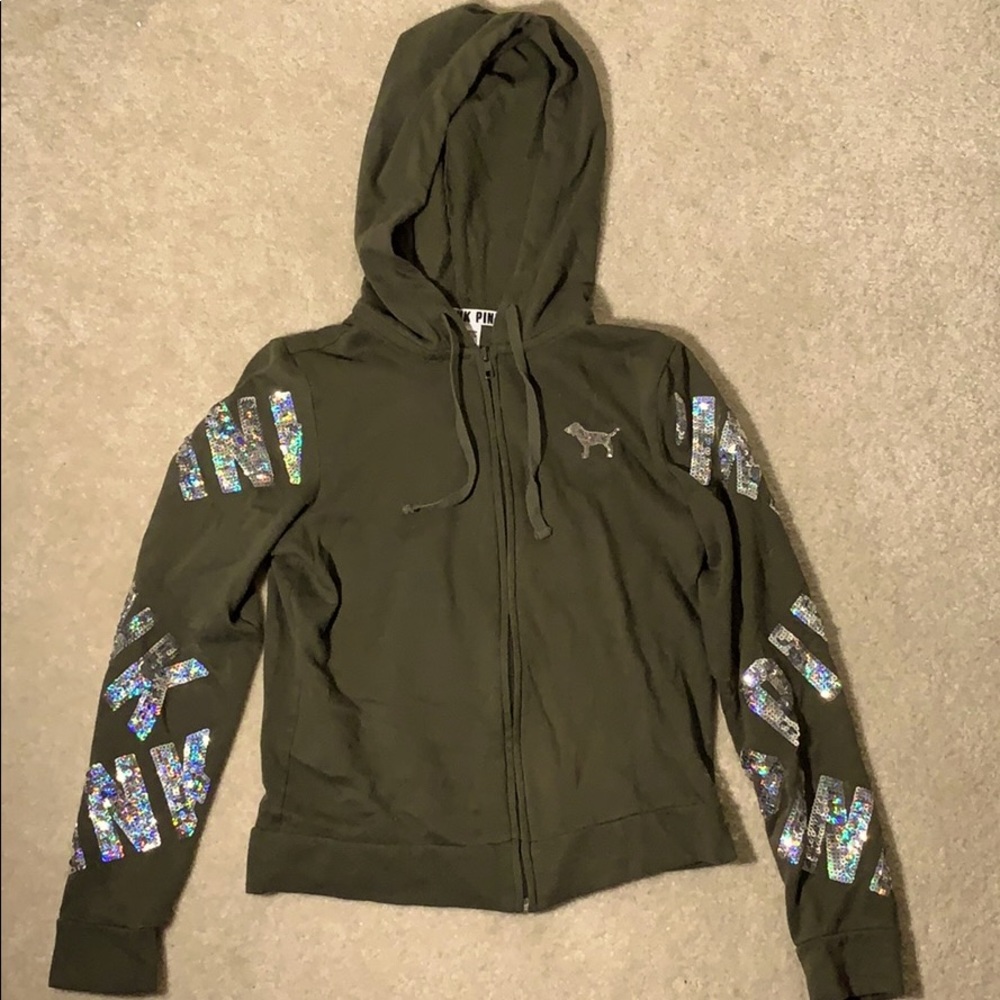 Army Green PINK Sweatshirt With Glitter Sequence